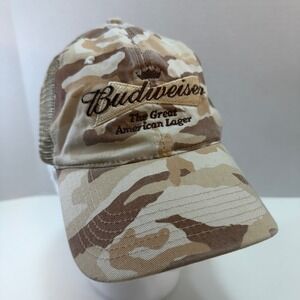 Budweiser Trucker Hat OSFA Tan Camo Mesh Back Embroidered Lager Cap Adjustable